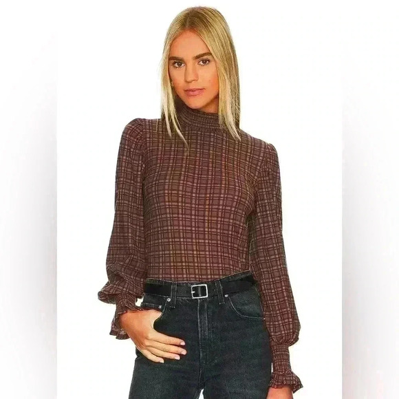 Nation LTD Violet Prim and Proper Long Sleeve Mock Neck Tartan Plaid Blouse Sz M - Picture 1 of 10
